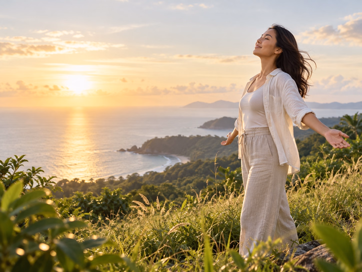 A woman embracing the morning light above a tropical coastline