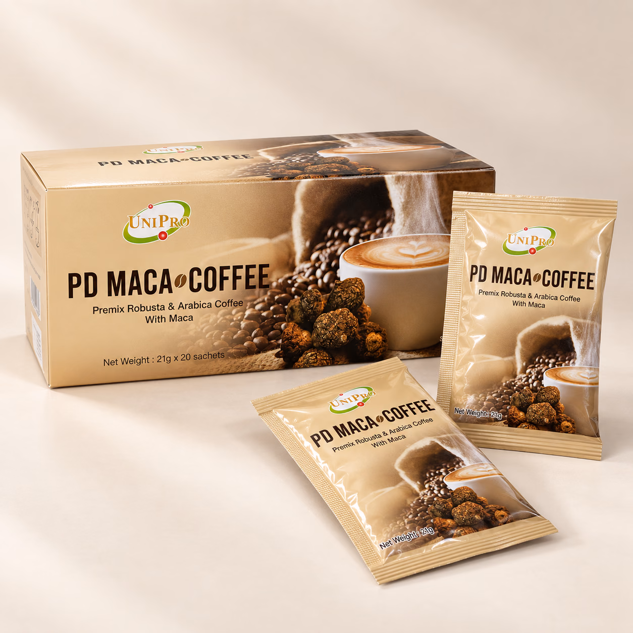 PD Maca Coffee box with individual sachets